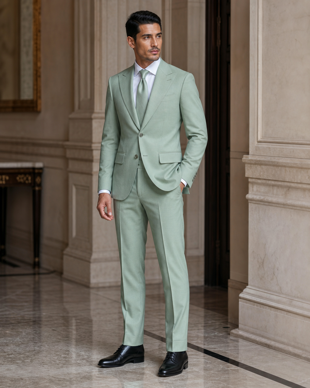 Mint Wool Outdoor Wedding Suit - Custom Made to Measure side back view