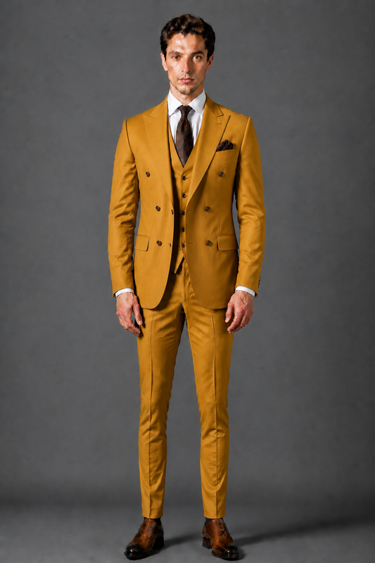 Mustard Silk Blend Double Breasted Suit — Custom Made to Measure