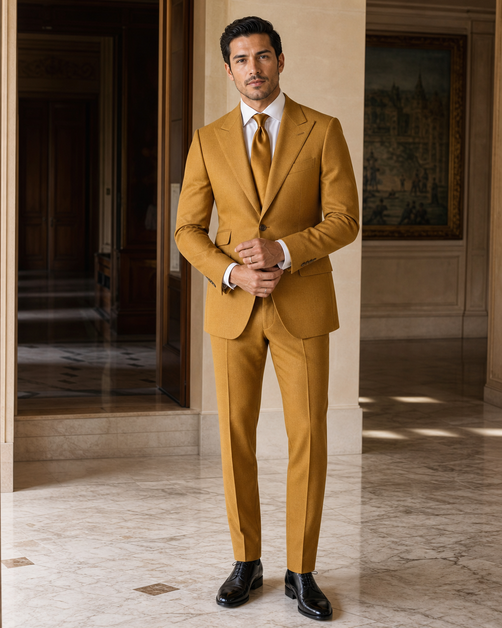 Mustard Cashmere Blend Winter Suit - Custom Made to Measure front view
