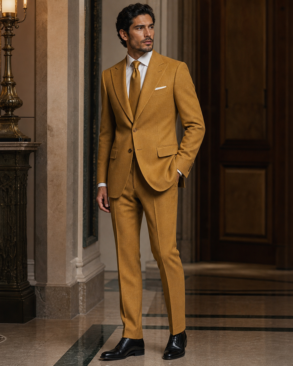 Mustard Cashmere Blend Winter Suit - Custom Made to Measure side back view