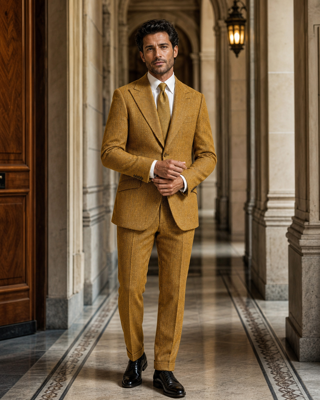 Mustard Herringbone Winter Suit - Custom Made to Measure front view
