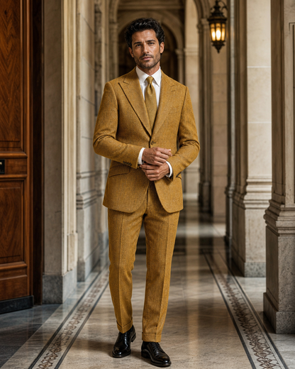 Mustard Herringbone Winter Suit - Custom Made to Measure front view