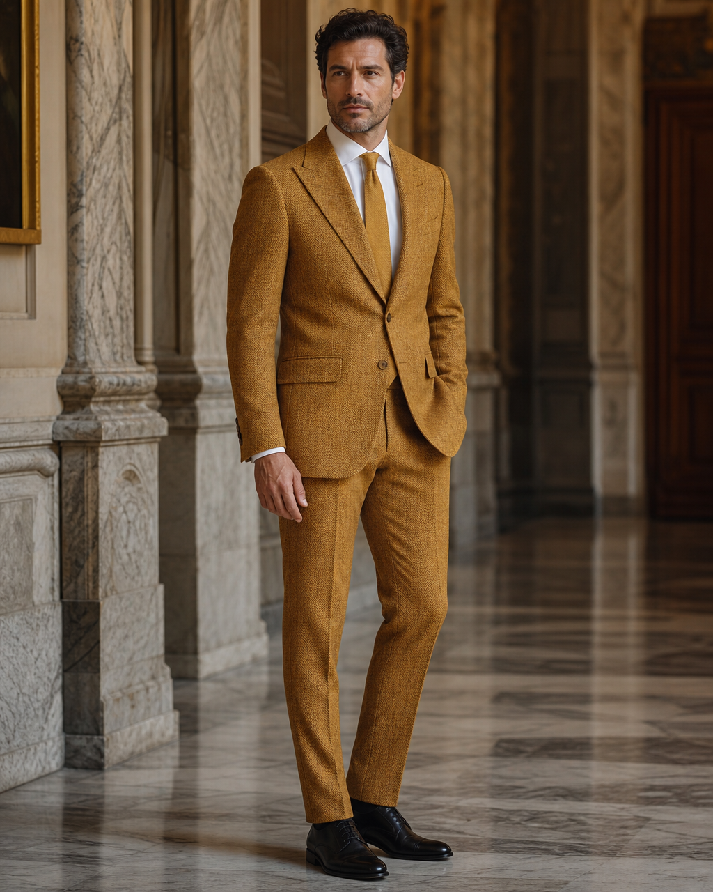 Mustard Herringbone Winter Suit - Custom Made to Measure side back view