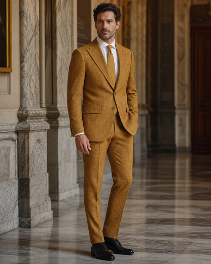 Mustard Herringbone Winter Suit - Custom Made to Measure side back view
