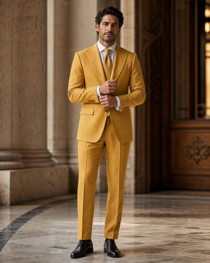 Mustard Linen Beach Wedding Suit - Custom Made to Measure front view