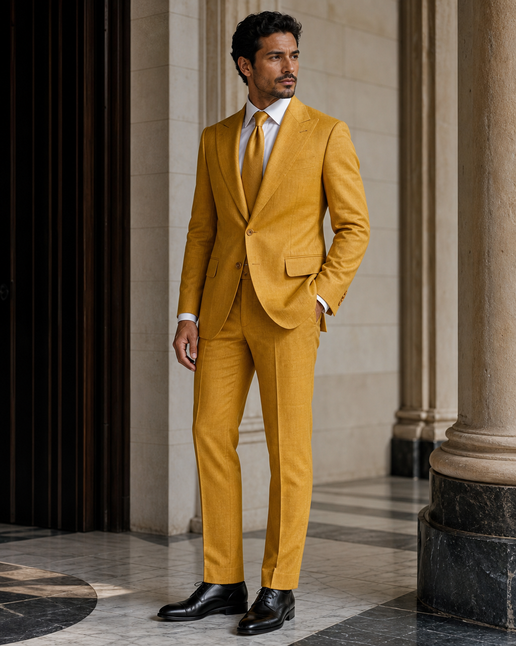 Mustard Linen Beach Wedding Suit - Custom Made to Measure side back view