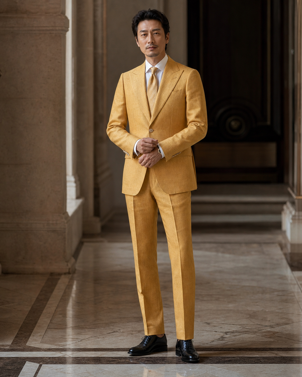 Mustard Linen Outdoor Wedding Suit - Custom Made to Measure front view