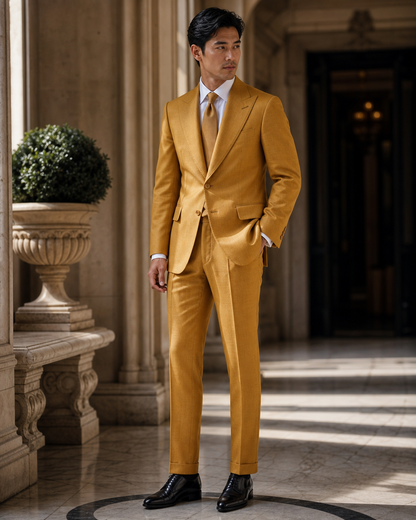 Mustard Linen Outdoor Wedding Suit - Custom Made to Measure side back view