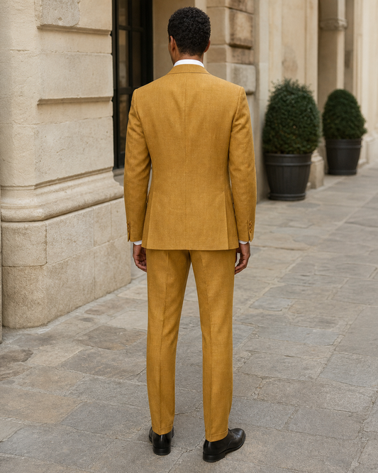 Mustard Linen Peak Lapel Suit - Custom Made to Measure back view