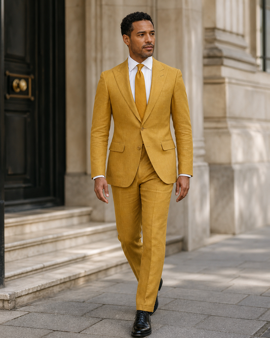 Mustard Linen Peak Lapel Suit - Custom Made to Measure front view