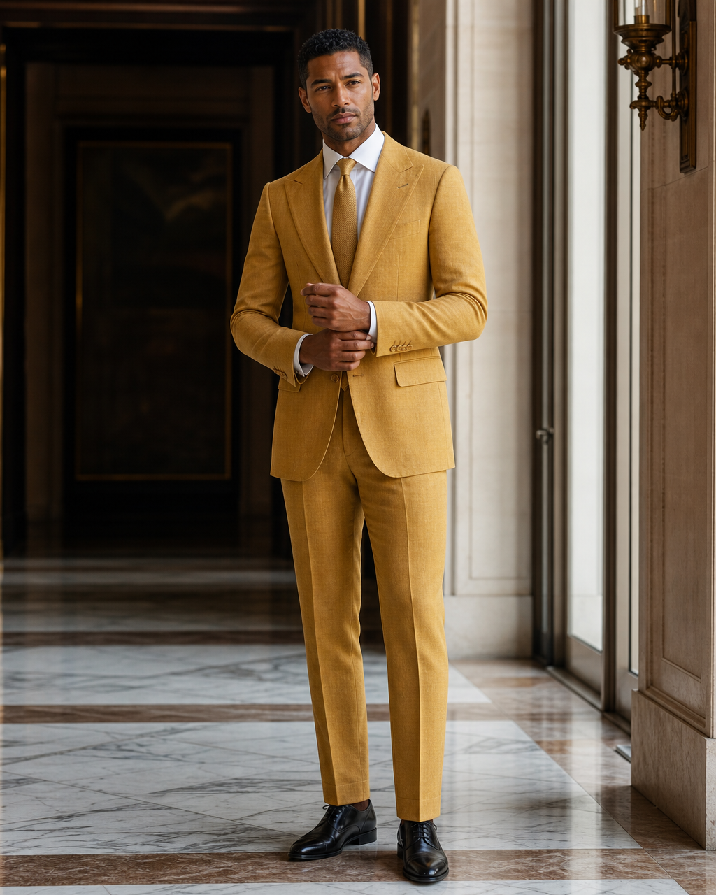 Mustard Linen Summer Suit - Custom Made to Measure front view