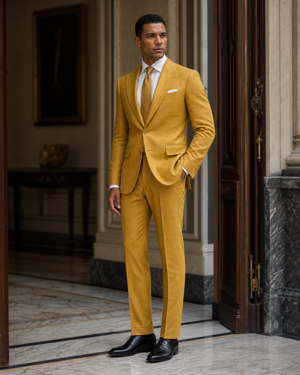 Mustard Linen Summer Suit - Custom Made to Measure side back view