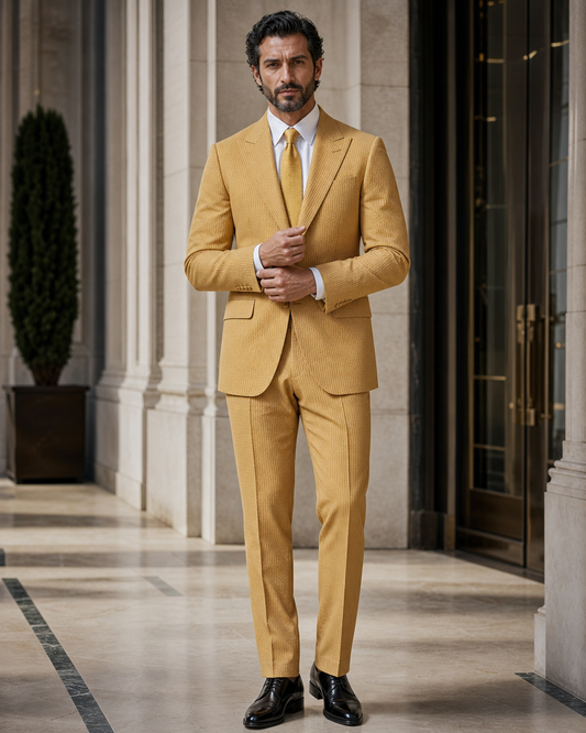 Mustard Seersucker Beach Wedding Suit - Custom Made to Measure front view