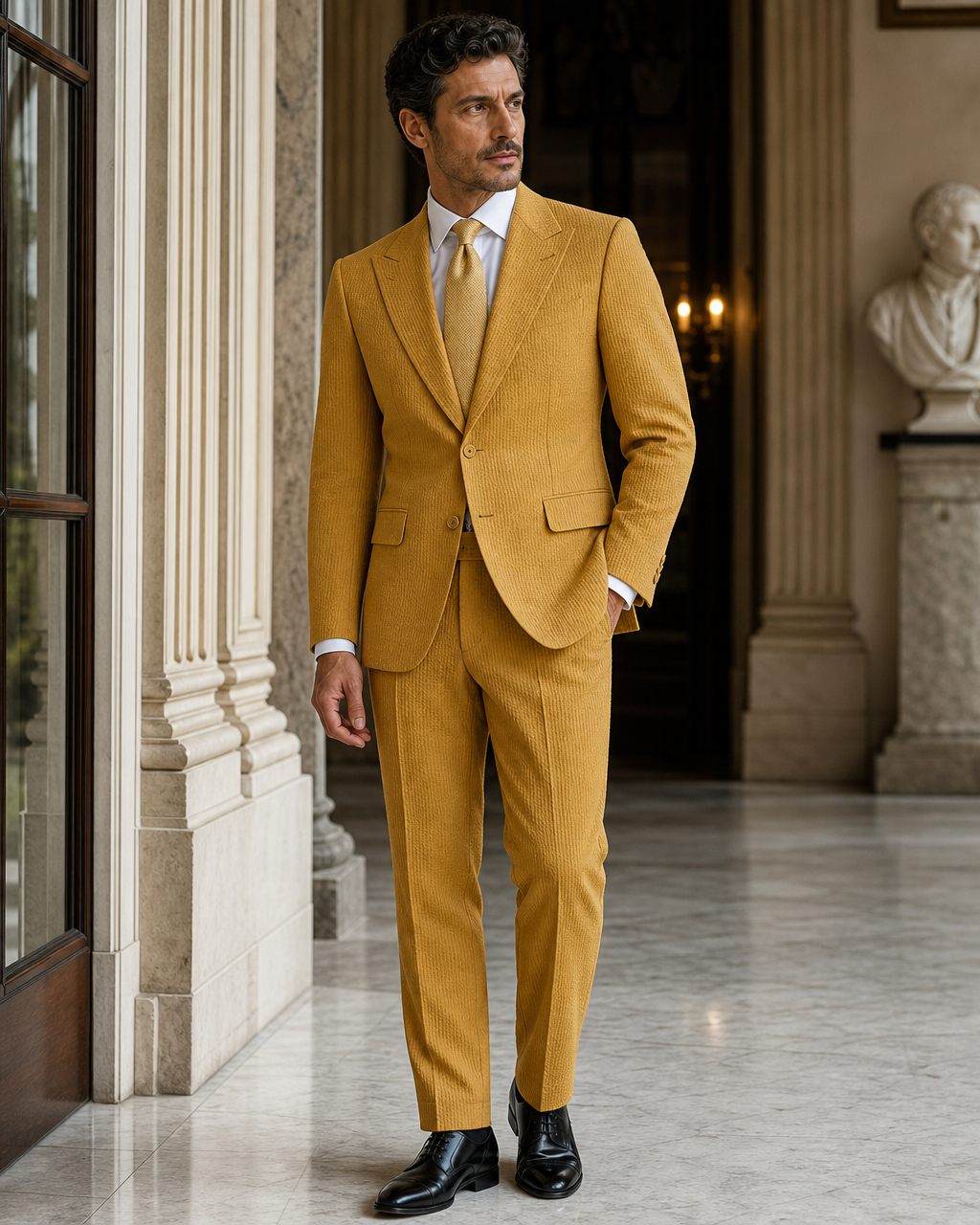 Mustard Seersucker Beach Wedding Suit - Custom Made to Measure side back view