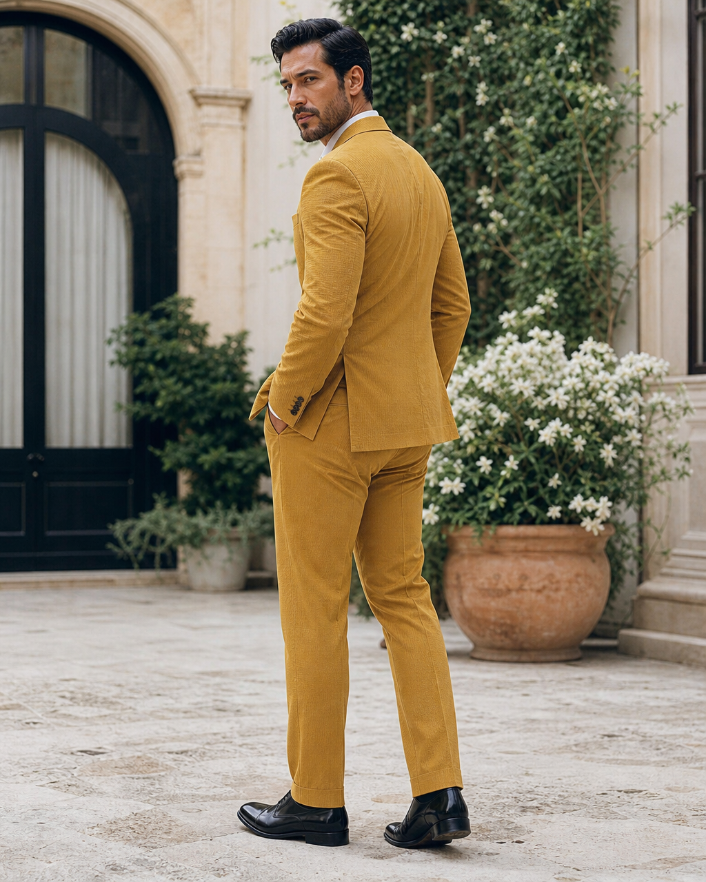 Mustard Seersucker Outdoor Wedding Suit — Custom Made to Measure side back view