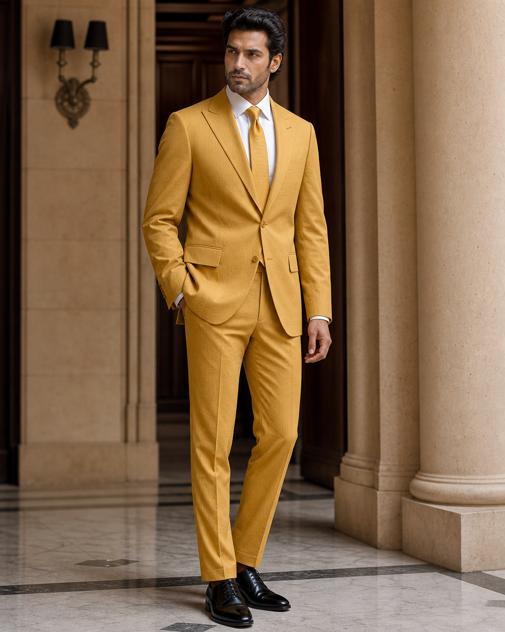 Mustard Seersucker Summer Suit - Custom Made to Measure side back view