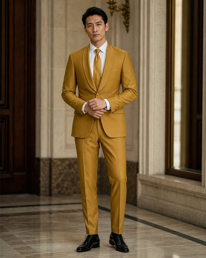 Mustard Silk Blend Shawl Lapel Suit - Custom Made to Measure front view