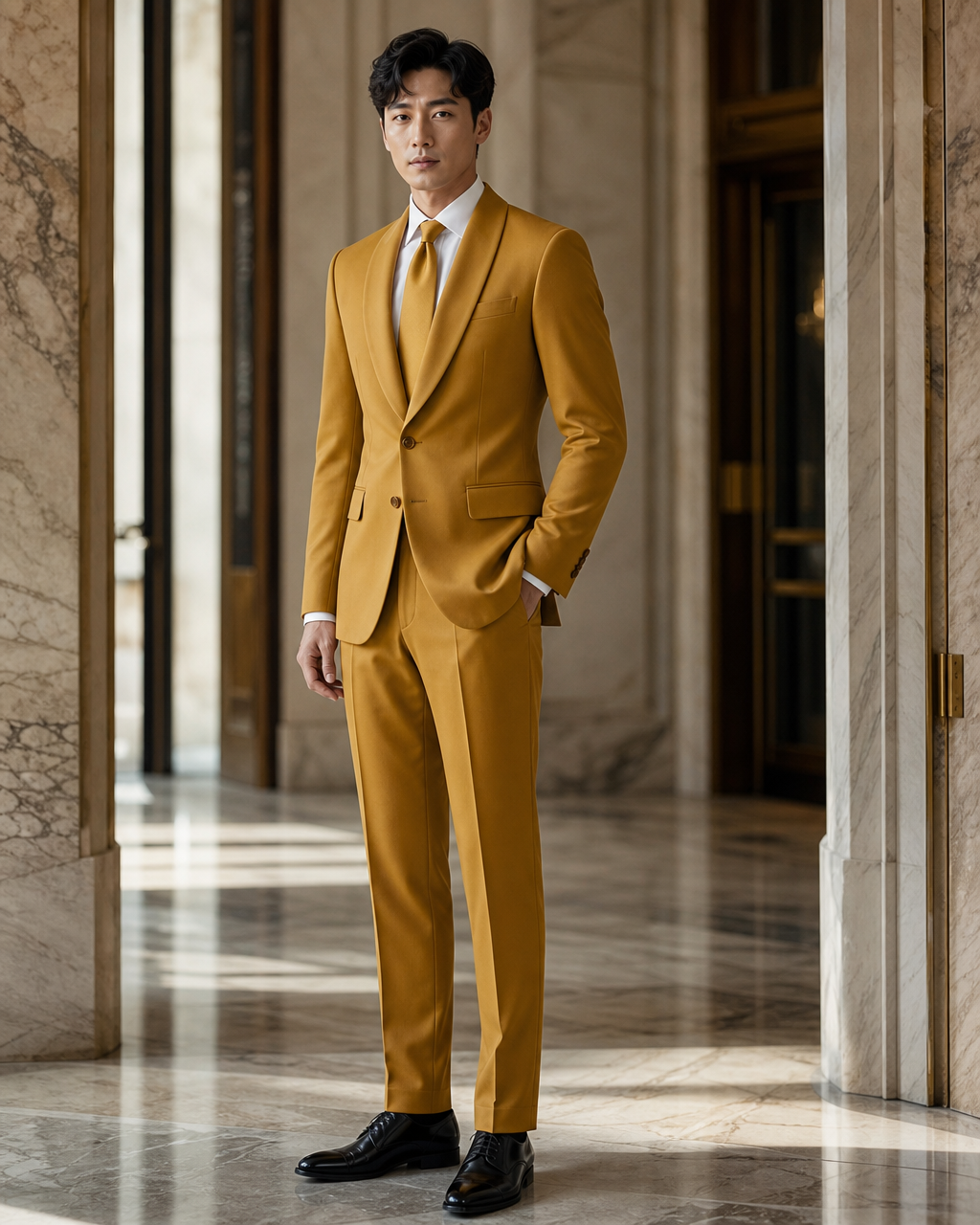 Mustard Silk Blend Shawl Lapel Suit - Custom Made to Measure side back view