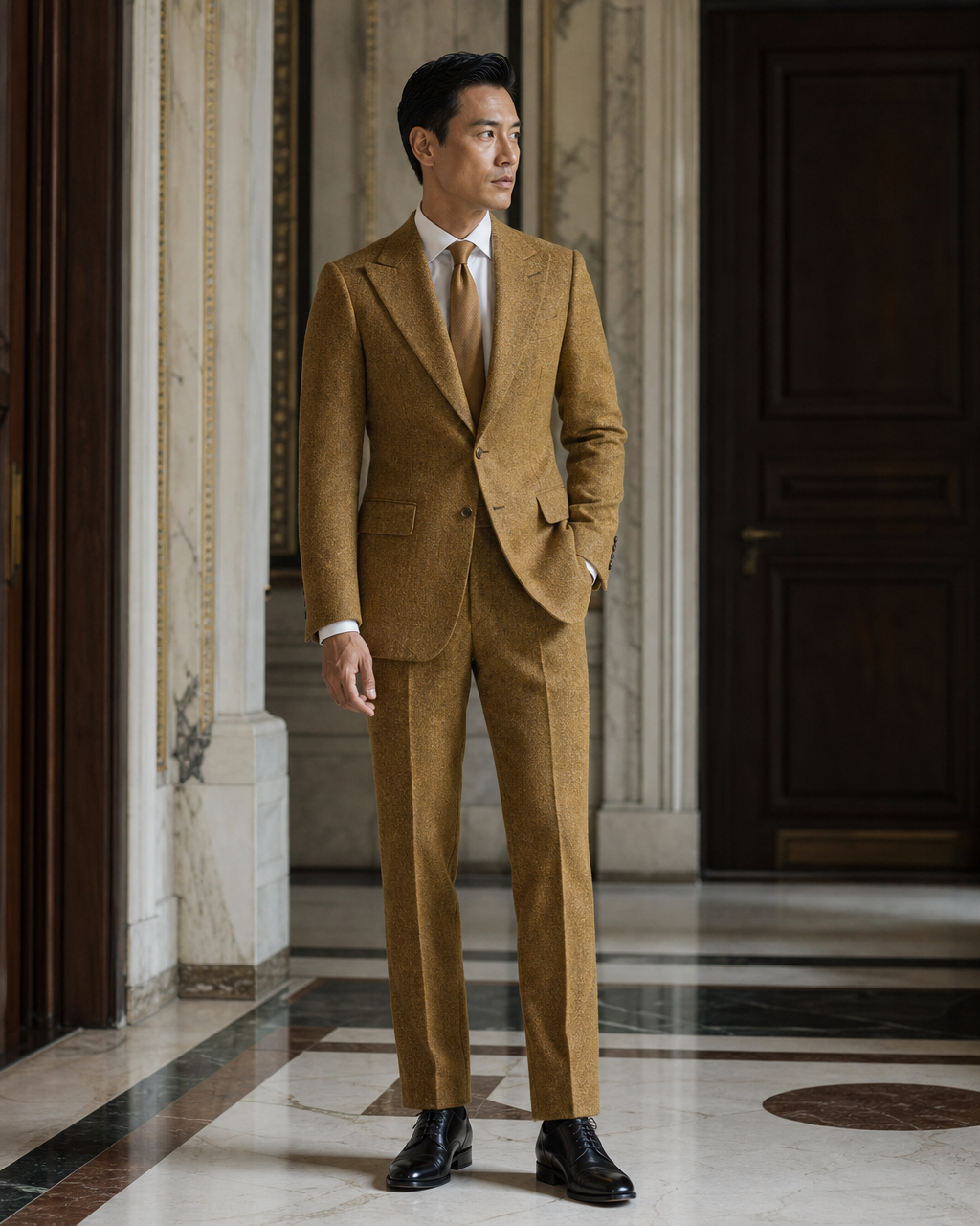 Mustard Tweed Winter Suit - Custom Made to Measure side back view