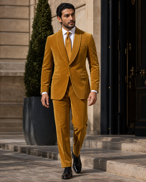 Mustard Velvet Shawl Lapel Suit — Custom Made to Measure