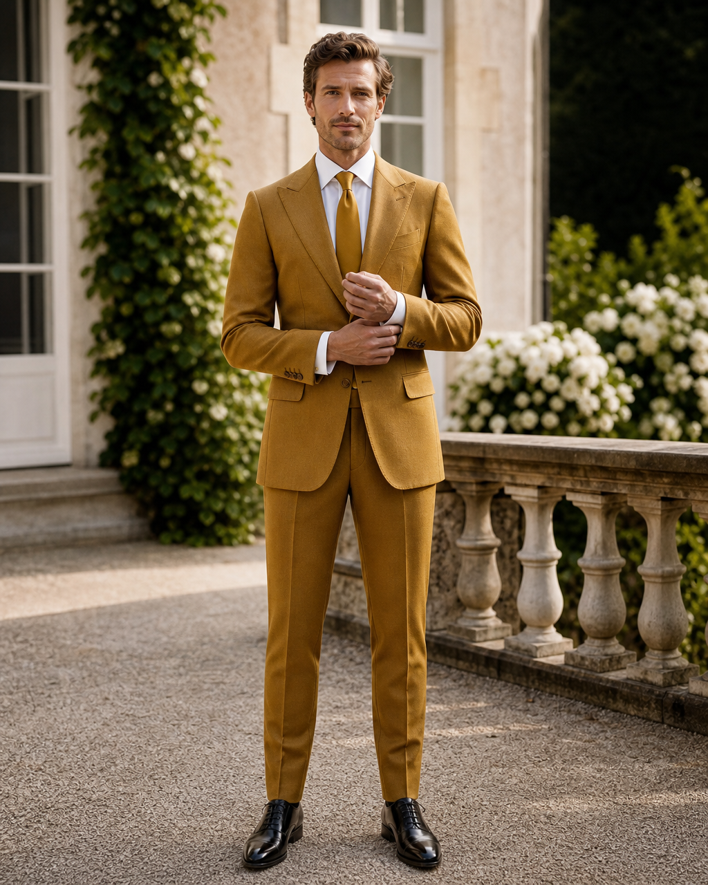 Mustard Wool Outdoor Wedding Suit — Custom Made to Measure front view