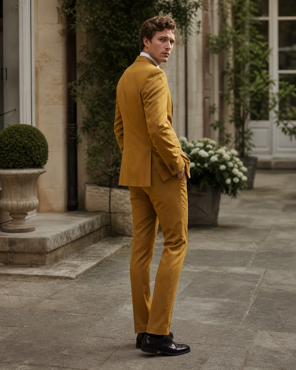 Mustard Wool Outdoor Wedding Suit — Custom Made to Measure side back view