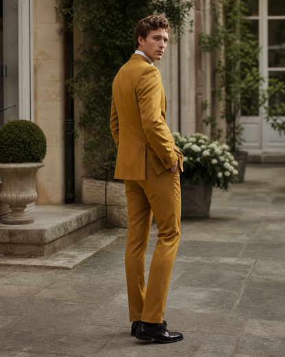Mustard Wool Outdoor Wedding Suit — Custom Made to Measure side back view