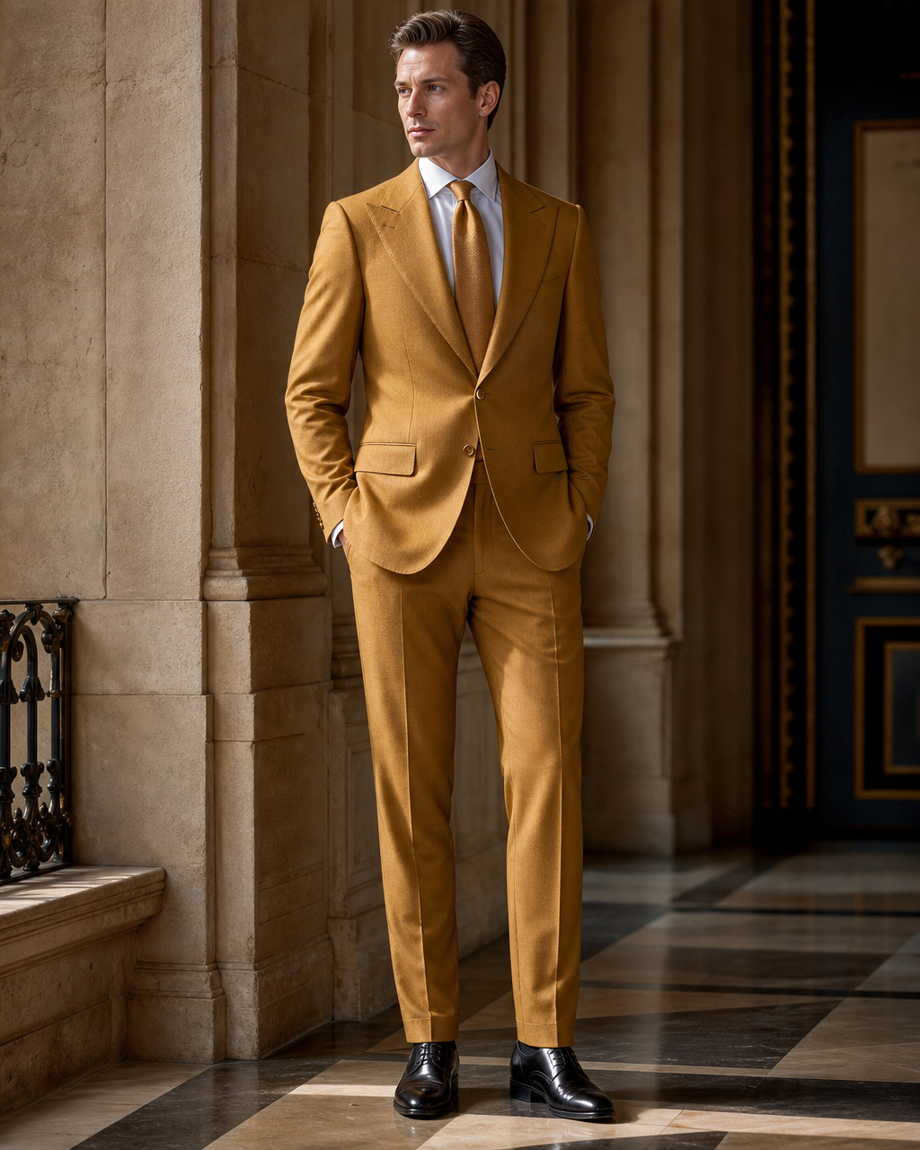 Mustard Wool Winter Suit - Custom Made to Measure side back view