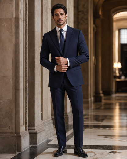Navy Blue Cashmere Blend Winter Suit - Custom Made to Measure front view
