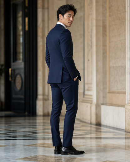Navy Blue Cotton Beach Wedding Suit - Custom Made to Measure side back view