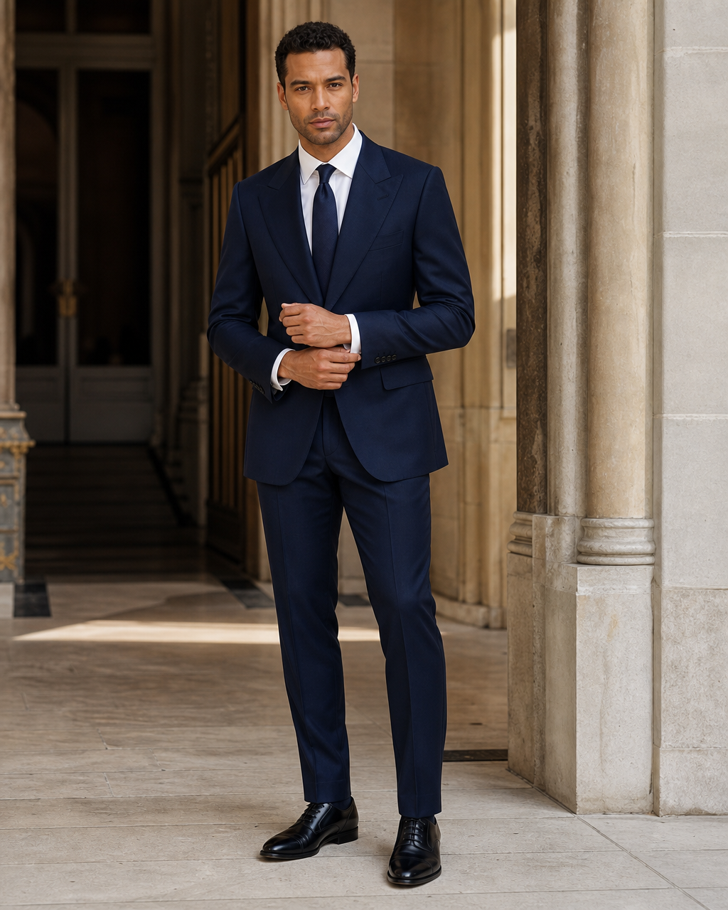 Navy Blue Cotton Outdoor Wedding Suit - Custom Made to Measure front view