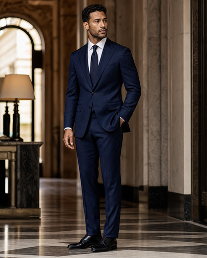 Navy Blue Cotton Outdoor Wedding Suit - Custom Made to Measure side back view