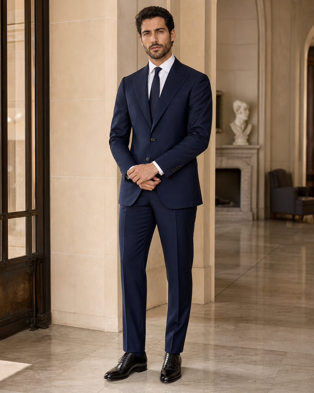 Navy Blue Cotton Summer Suit - Custom Made to Measure front view