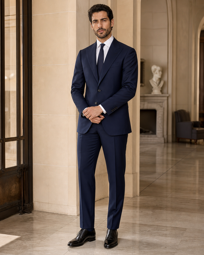 Navy Blue Cotton Summer Suit - Custom Made to Measure front view