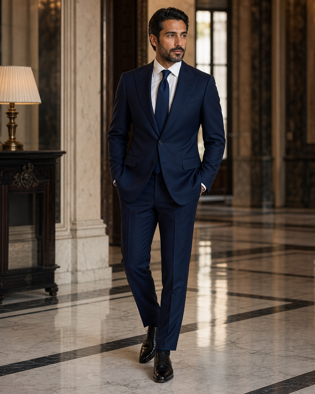 Navy Blue Cotton Summer Suit - Custom Made to Measure side back view