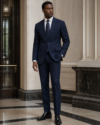 Navy Blue Flannel Winter Suit - Custom Made to Measure side back view