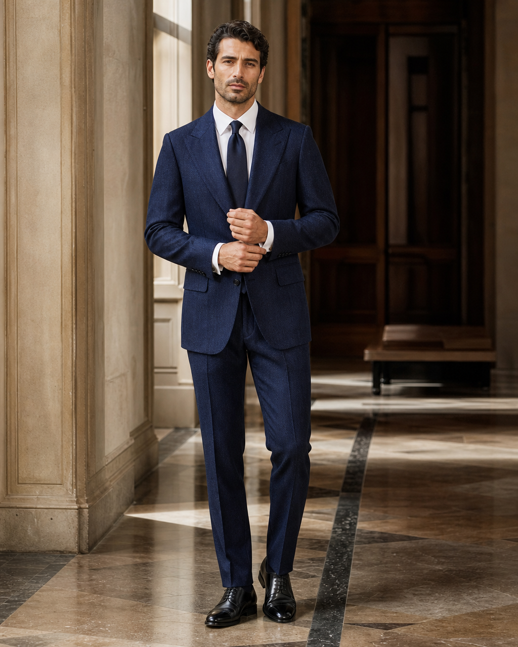 Navy Blue Herringbone Winter Suit - Custom Made to Measure front view
