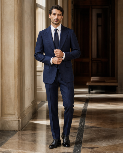 Navy Blue Herringbone Winter Suit - Custom Made to Measure front view