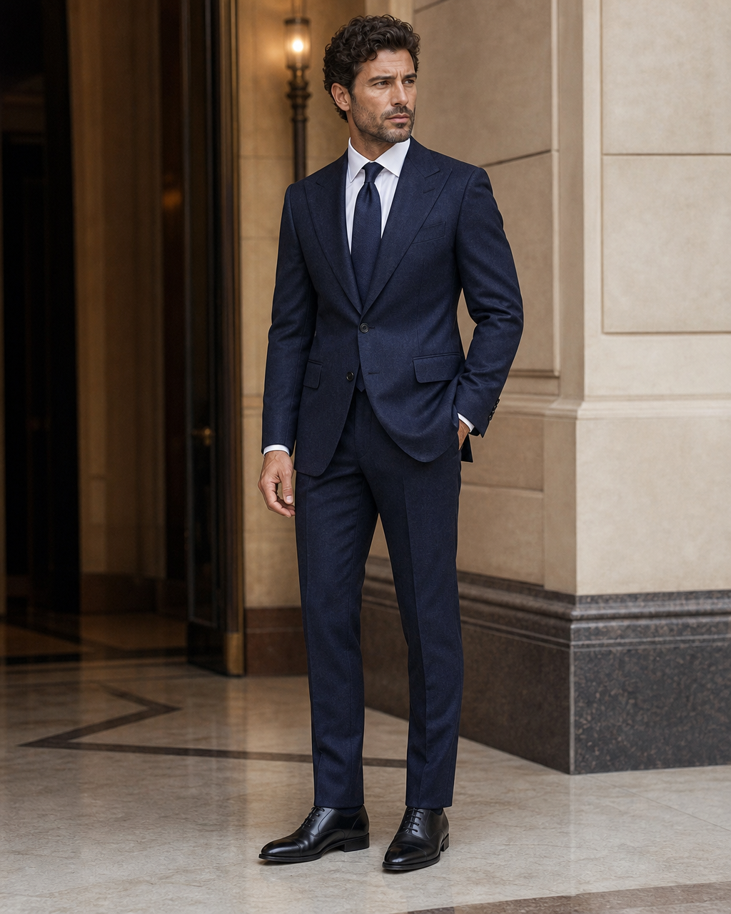 Navy Blue Herringbone Winter Suit - Custom Made to Measure side back view