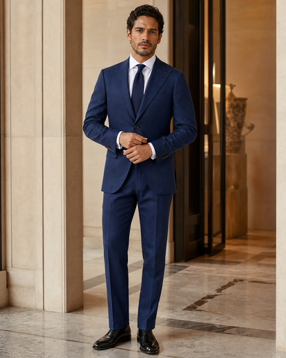 Navy Blue Linen Beach Wedding Suit - Custom Made to Measure front view