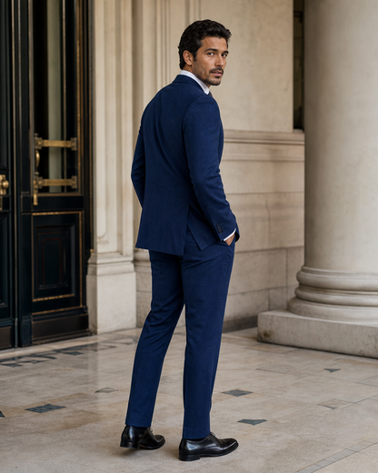 Navy Blue Linen Beach Wedding Suit - Custom Made to Measure side back view