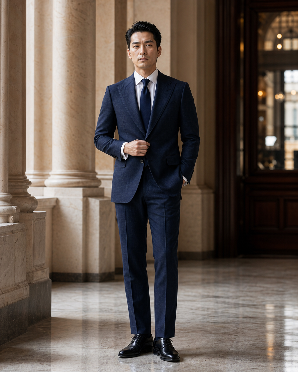 Navy Blue Linen Outdoor Wedding Suit - Custom Made to Measure front view