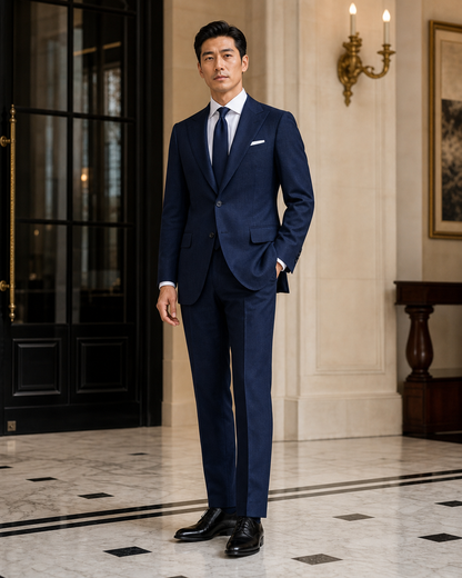 Navy Blue Linen Outdoor Wedding Suit - Custom Made to Measure side back view