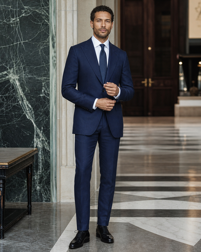 Navy Blue Linen Summer Suit - Custom Made to Measure front view