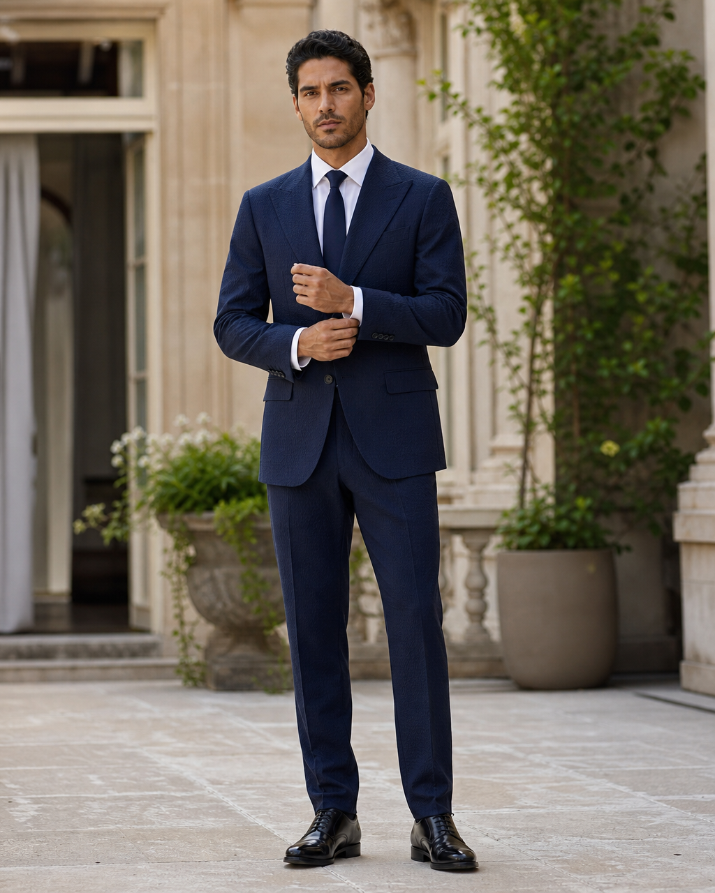 Navy Blue Seersucker Outdoor Wedding Suit — Custom Made to Measure front view