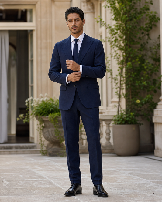 Navy Blue Seersucker Outdoor Wedding Suit — Custom Made to Measure front view