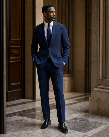 Navy Blue Seersucker Summer Suit - Custom Made to Measure side back view