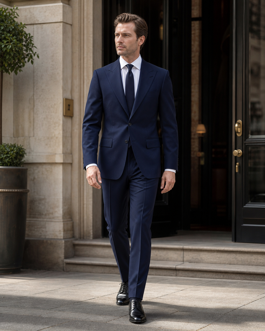 Navy Blue Silk Blend Peak Lapel Suit — Custom Made to Measure