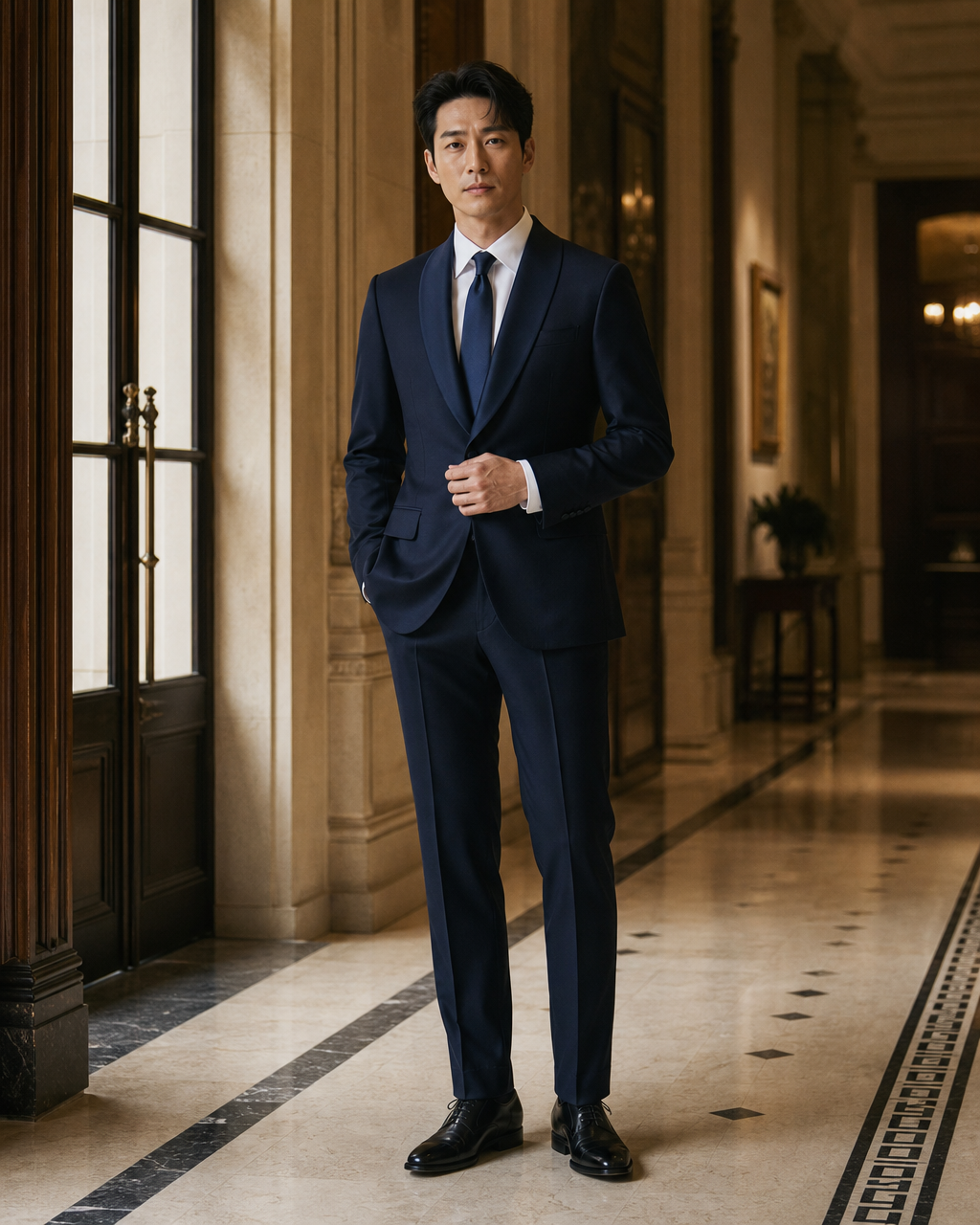 Navy Blue Silk Blend Shawl Lapel Suit - Custom Made to Measure front view