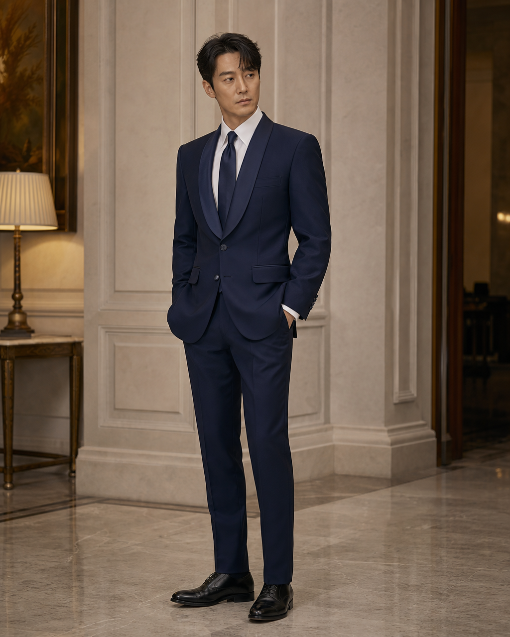 Navy Blue Silk Blend Shawl Lapel Suit - Custom Made to Measure side back view